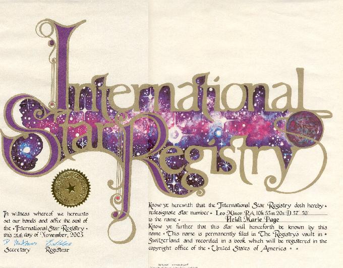 International Star Registry Certificate - Heidi Marie Page